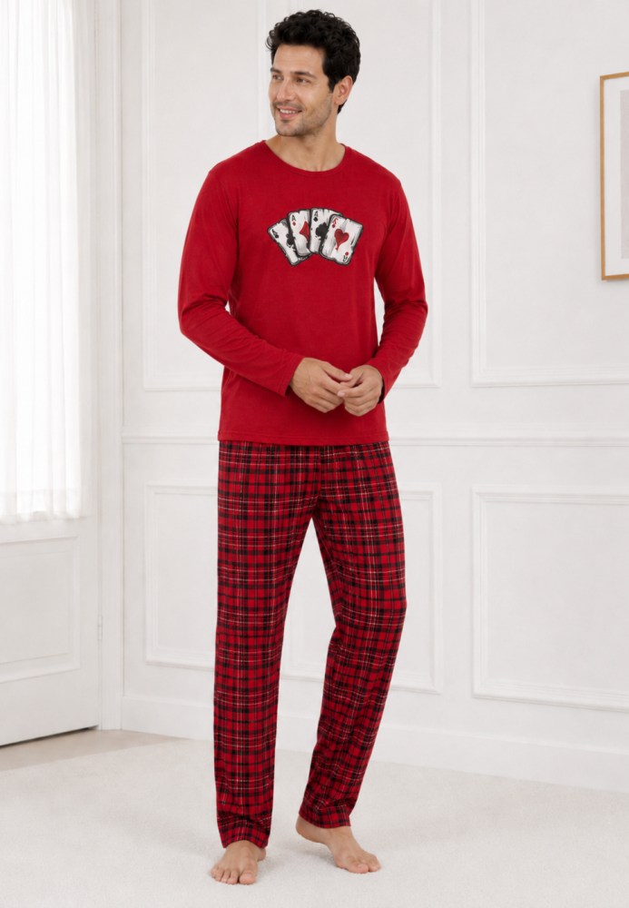 Pijama barbati Serena cu maneca lunga si pantalon lung- Rosu,Engros